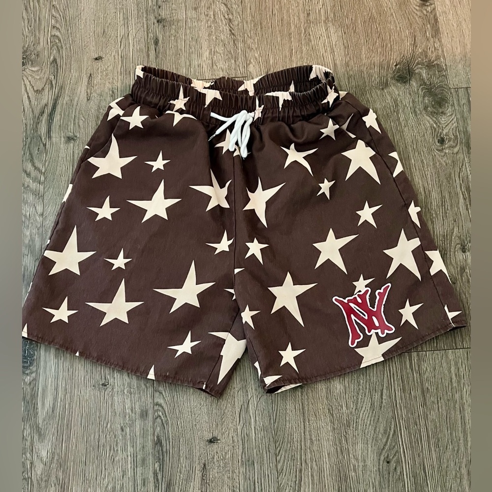 ROMWE Prep Mens Star Drawstring Waist Shorts Small Brown White EUC Streetwear​​​